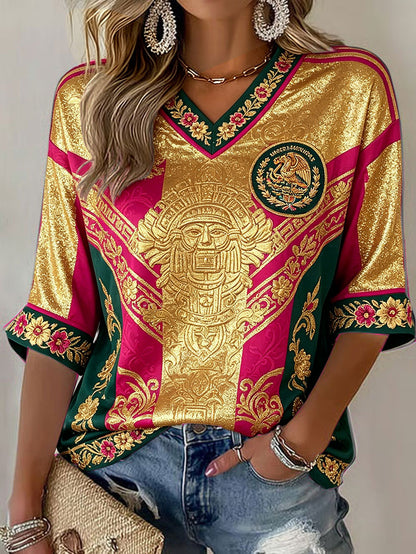 Camiseta estampada con diseño artístico de amor por el fútbol mexicano para mujer