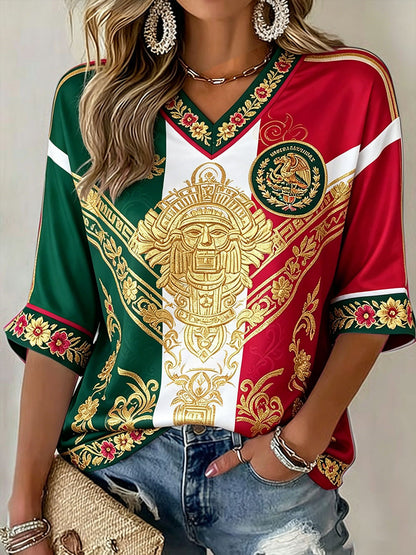 Camiseta estampada con diseño artístico de amor por el fútbol mexicano para mujer