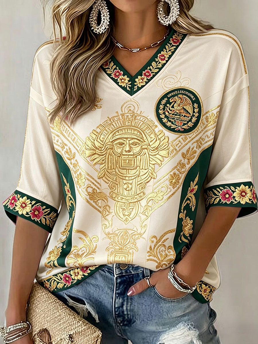 Camiseta estampada con diseño artístico de amor por el fútbol mexicano para mujer