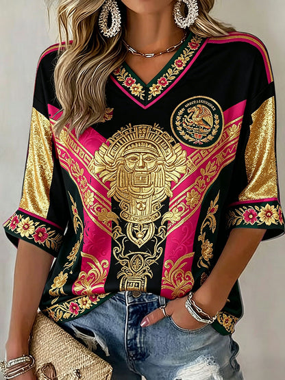 Camiseta estampada con diseño artístico de amor por el fútbol mexicano para mujer