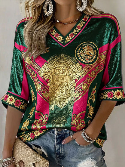 Camiseta estampada con diseño artístico de amor por el fútbol mexicano para mujer