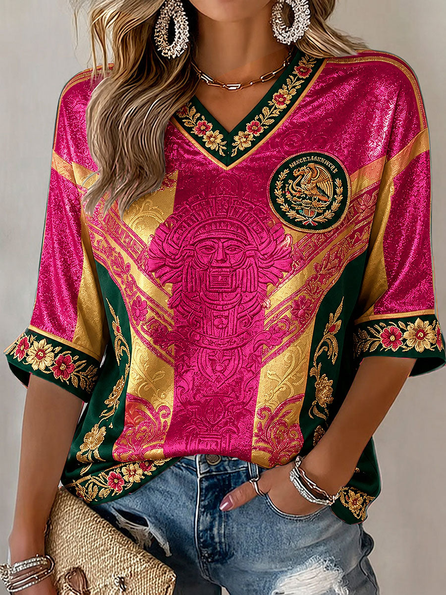 Camiseta estampada con diseño artístico de amor por el fútbol mexicano para mujer