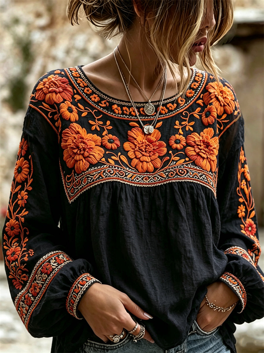 Camisa de lino de algodón con estampado floral de las caléndulas mexicanas del día de los muertos para mujer