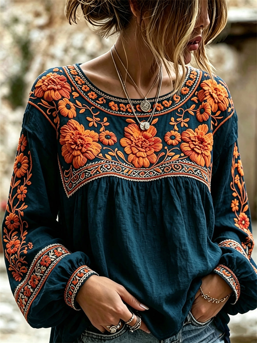 Camisa de lino de algodón con estampado floral de las caléndulas mexicanas del día de los muertos para mujer