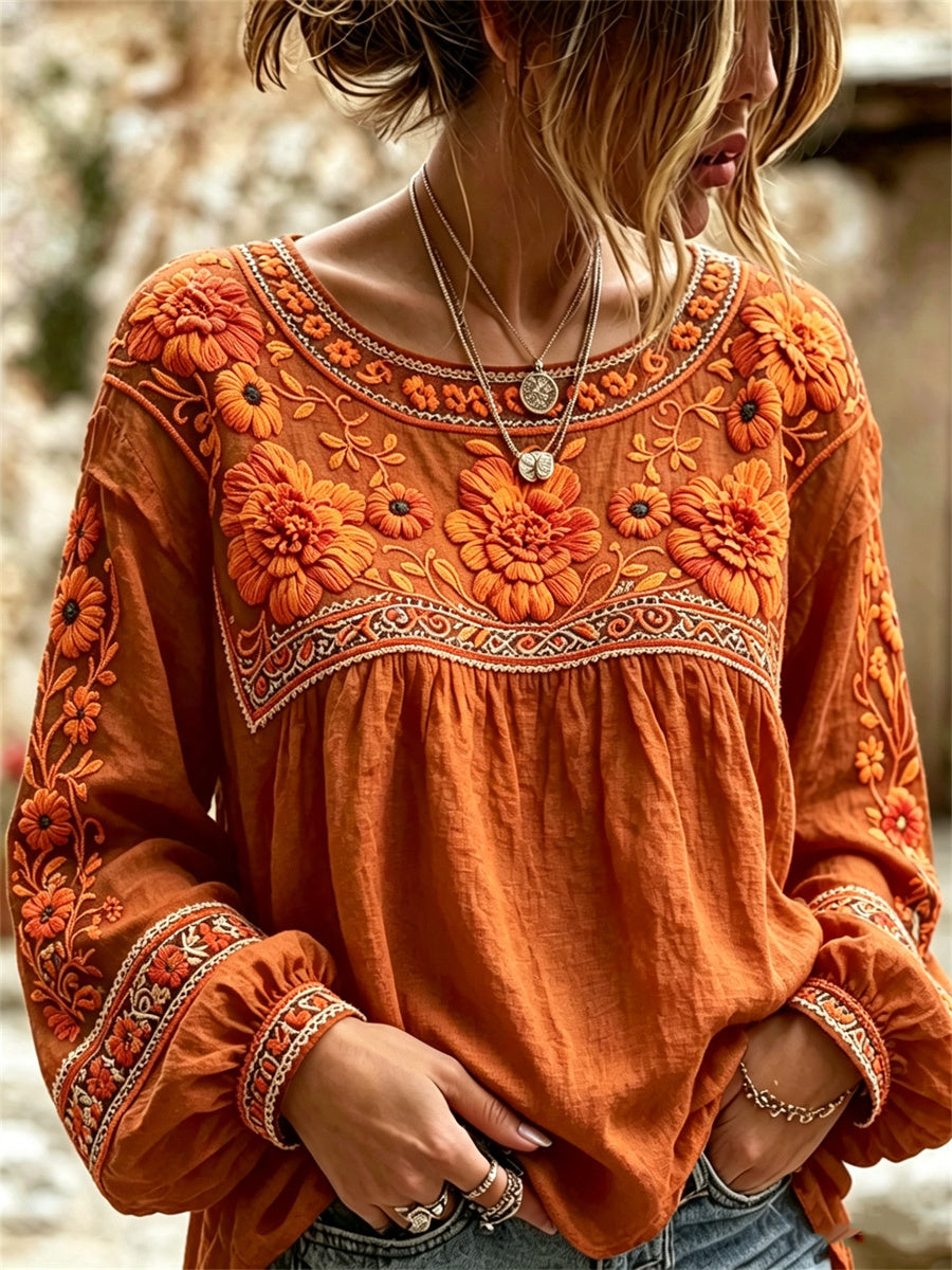 Camisa de lino de algodón con estampado floral de las caléndulas mexicanas del día de los muertos para mujer