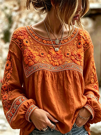 Camisa de lino de algodón con estampado floral de las caléndulas mexicanas del día de los muertos para mujer