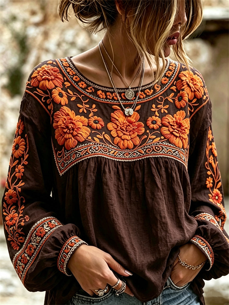 Camisa de lino de algodón con estampado floral de las caléndulas mexicanas del día de los muertos para mujer