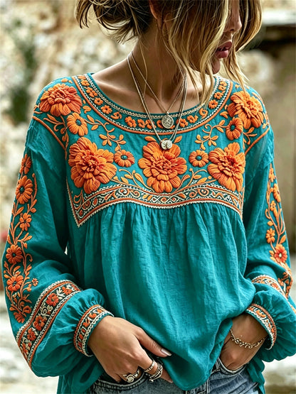Camisa de lino de algodón con estampado floral de las caléndulas mexicanas del día de los muertos para mujer