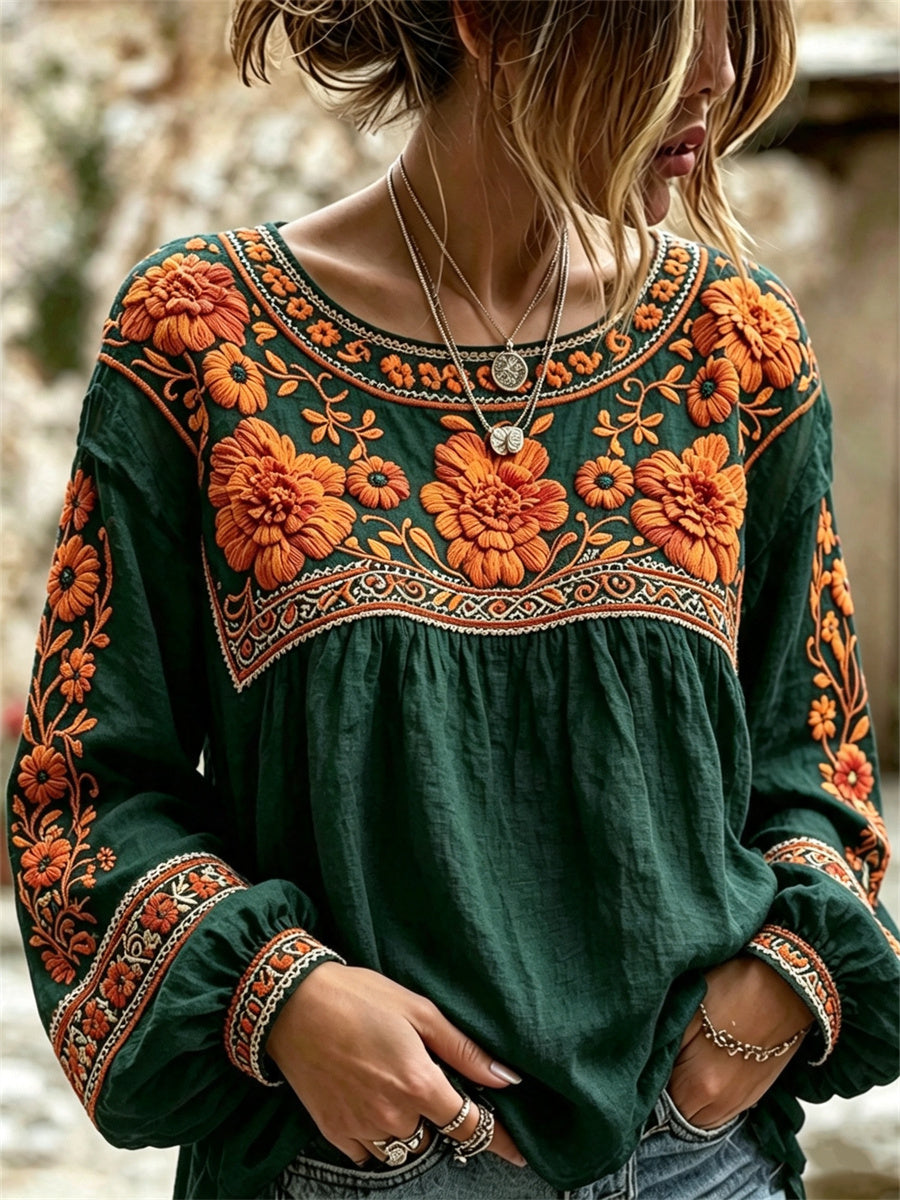 Camisa de lino de algodón con estampado floral de las caléndulas mexicanas del día de los muertos para mujer