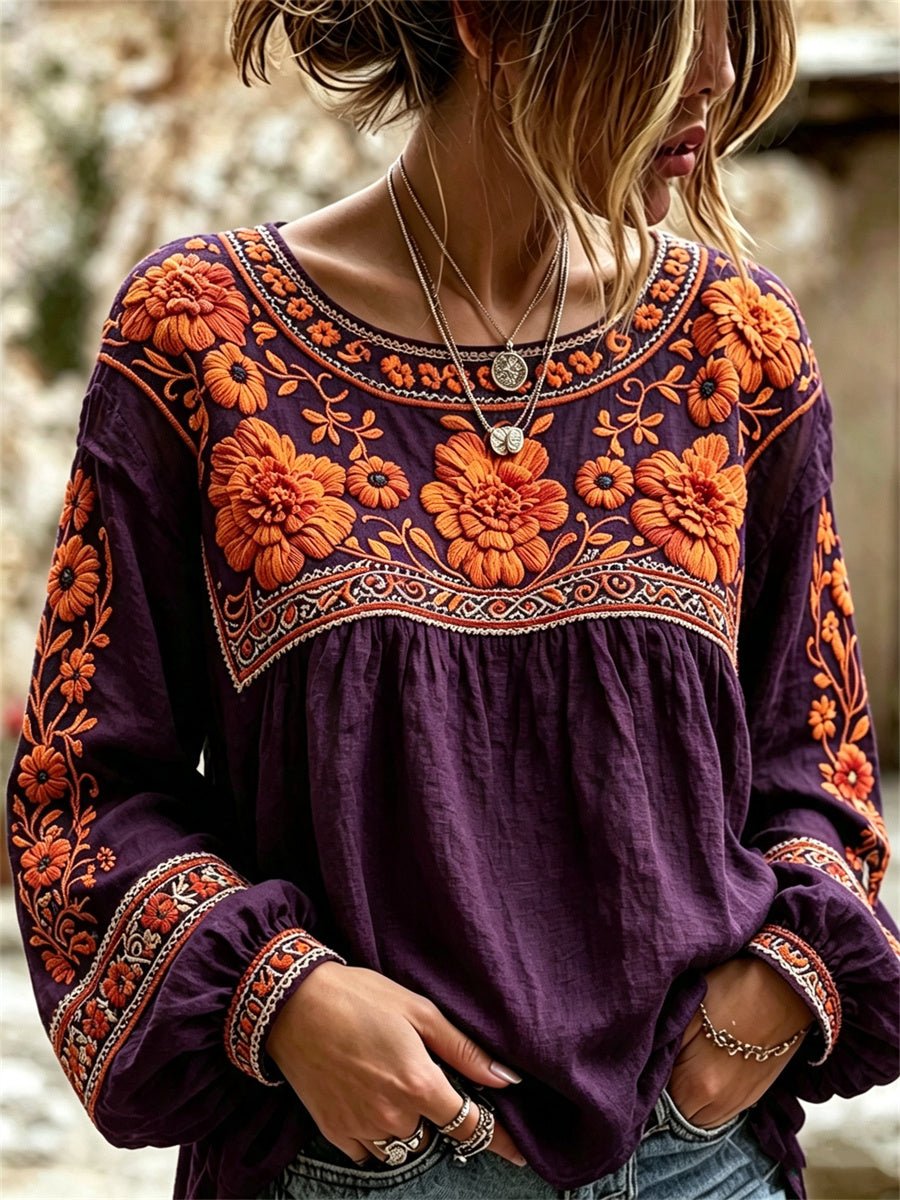 Camisa de lino de algodón con estampado floral de las caléndulas mexicanas del día de los muertos para mujer