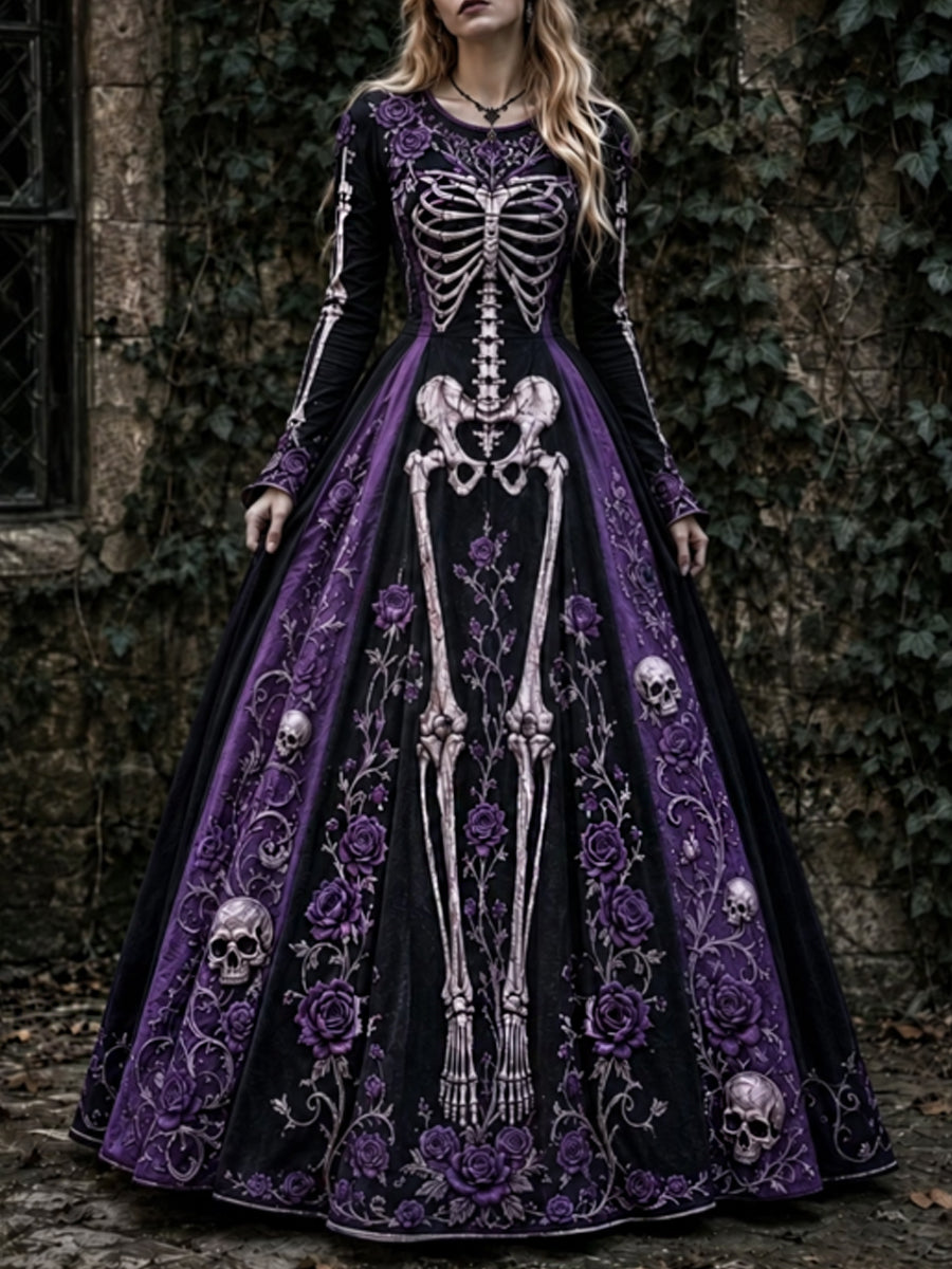 Vestido maxi de Halloween Gothic Skeleton & Rose Art para mujer