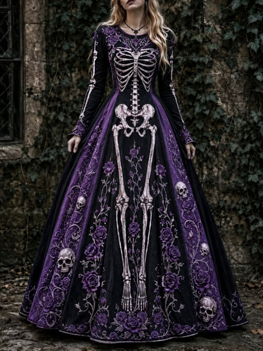 Vestido maxi de Halloween Gothic Skeleton & Rose Art para mujer