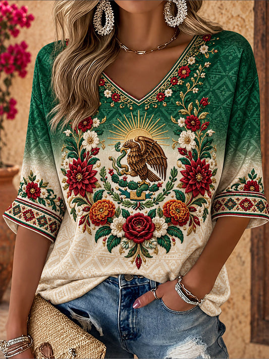 Camiseta estampada con diseño floral de la bandera de México para mujer