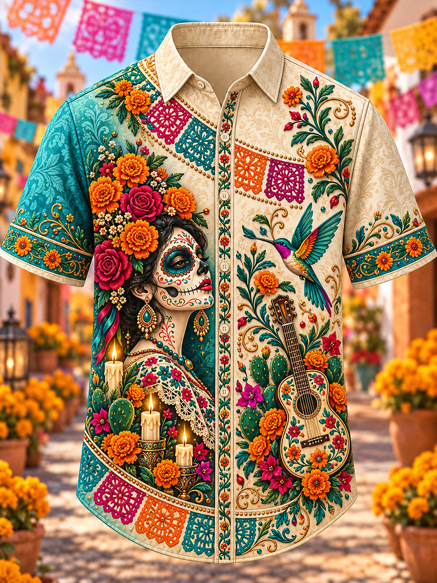 Camisa de manga corta con estampado artístico del Día de los Muertos de México para hombre