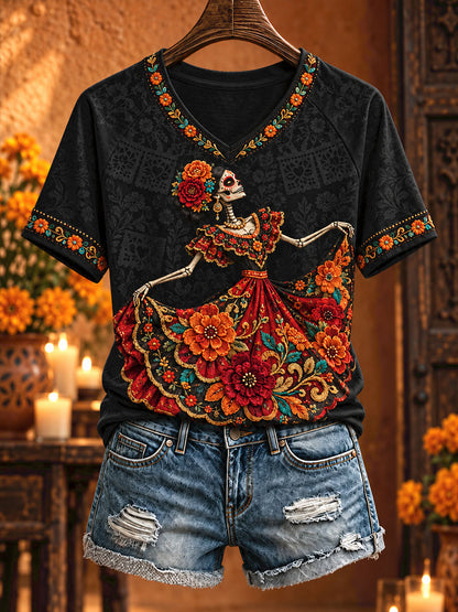 Camiseta estampada con arte floral del Día de los Muertos mexicano para mujer