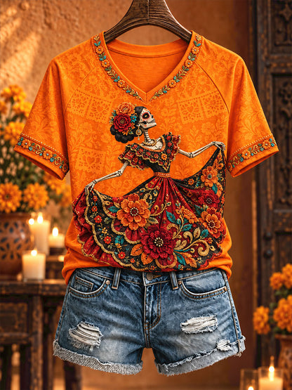 Camiseta estampada con arte floral del Día de los Muertos mexicano para mujer