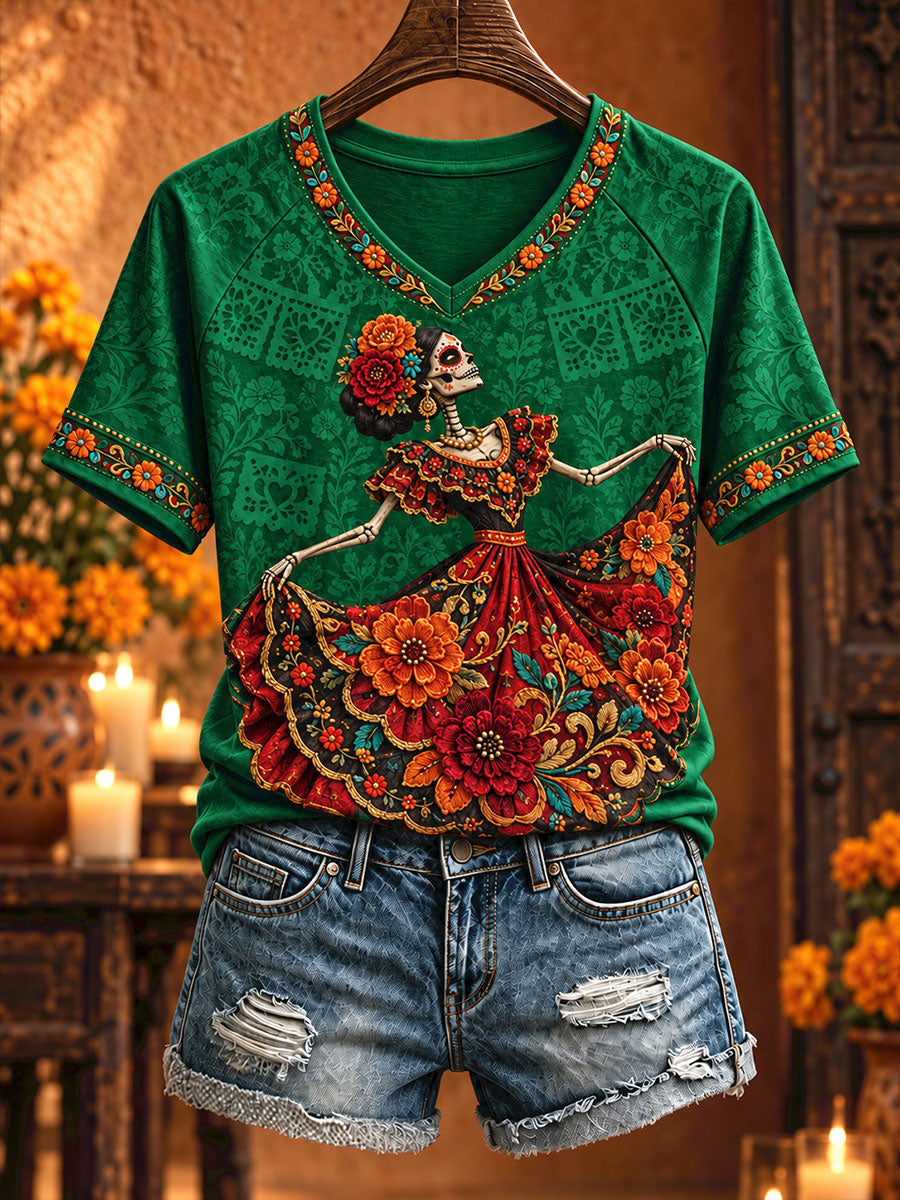 Camiseta estampada con arte floral del Día de los Muertos mexicano para mujer