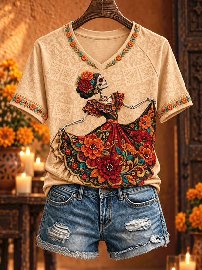 Camiseta estampada con arte floral del Día de los Muertos mexicano para mujer