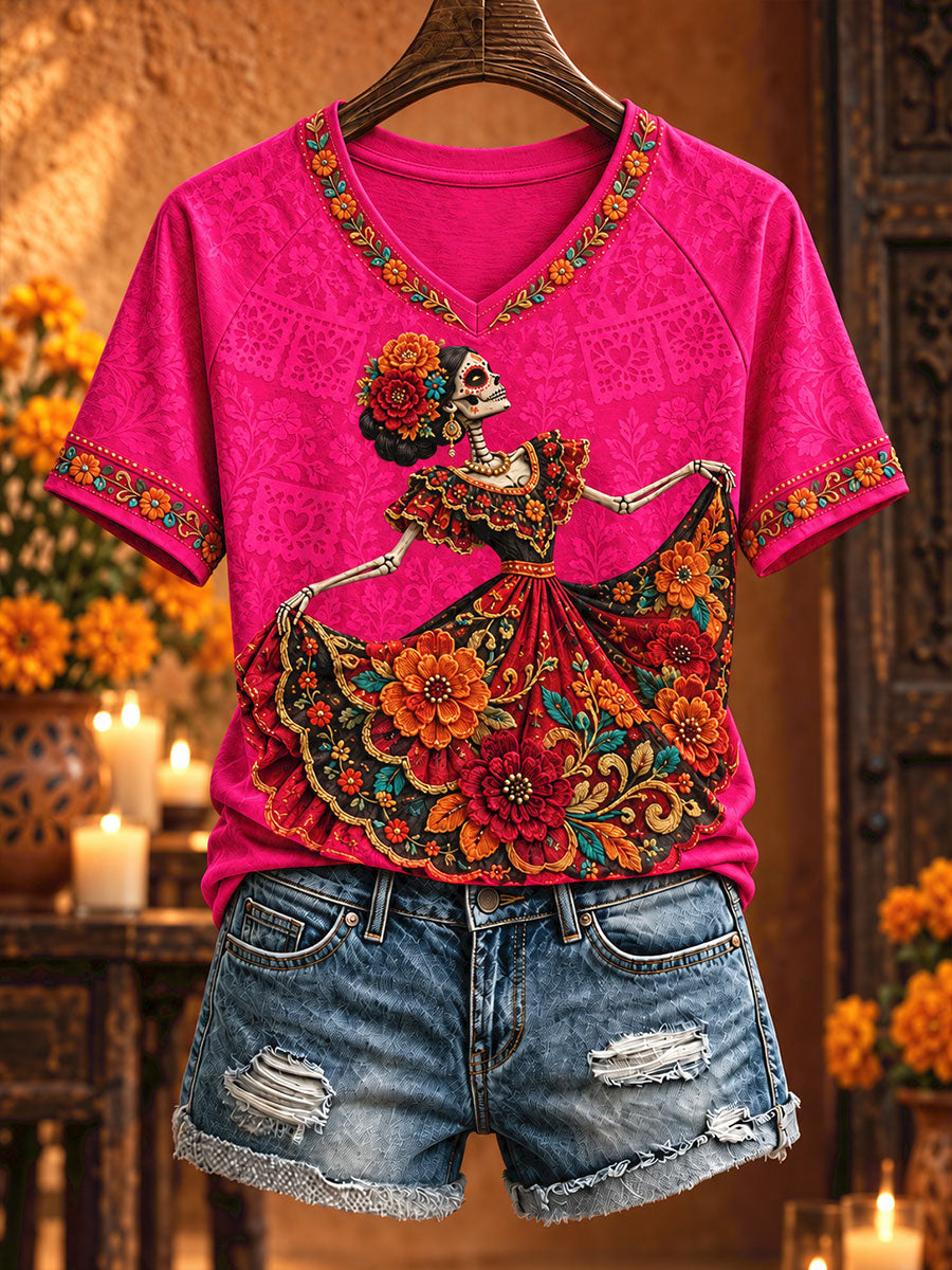 Camiseta estampada con arte floral del Día de los Muertos mexicano para mujer
