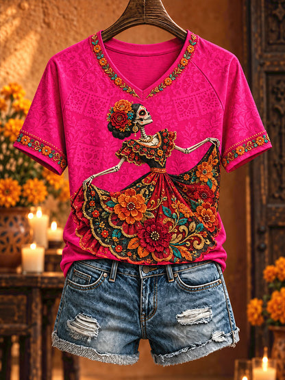 Camiseta estampada con arte floral del Día de los Muertos mexicano para mujer