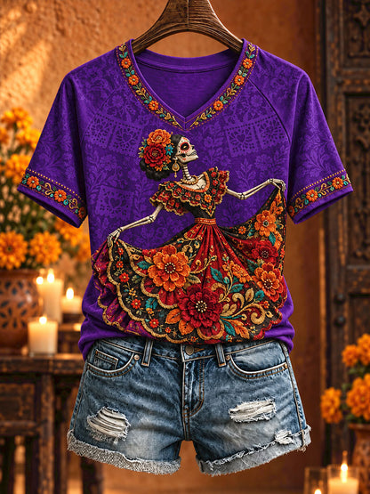 Camiseta estampada con arte floral del Día de los Muertos mexicano para mujer
