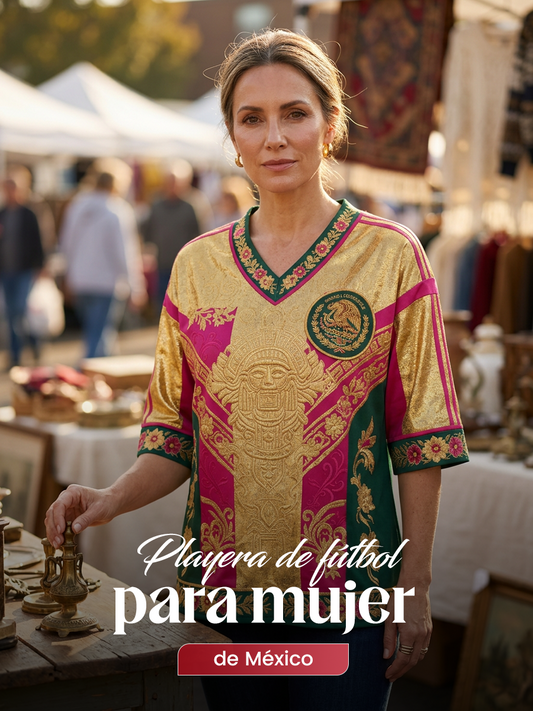 Camiseta estampada con diseño artístico de amor por el fútbol mexicano para mujer