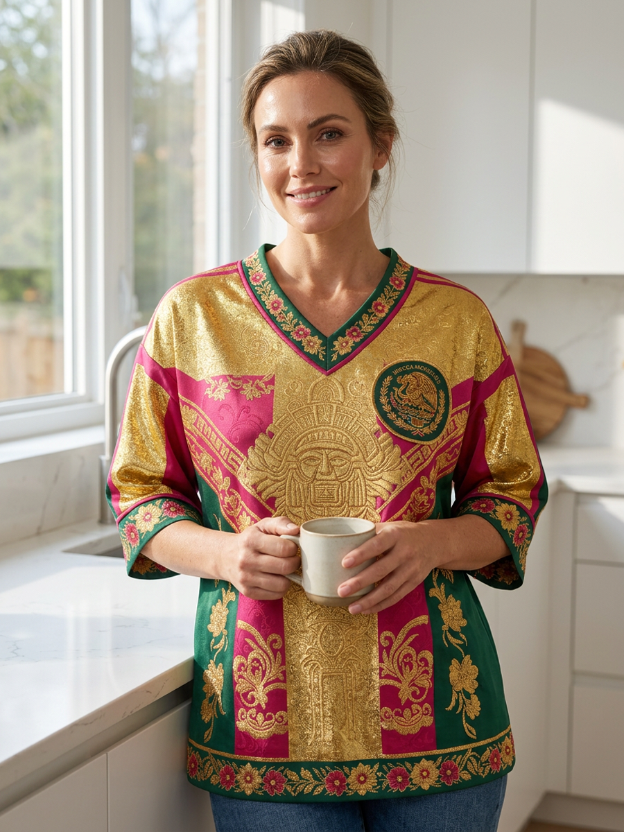 Camiseta estampada con diseño artístico de amor por el fútbol mexicano para mujer