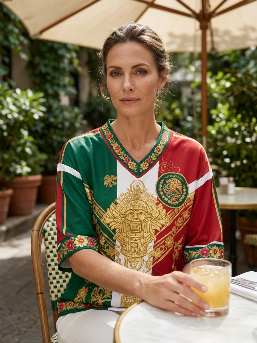 Camiseta estampada con diseño artístico de amor por el fútbol mexicano para mujer