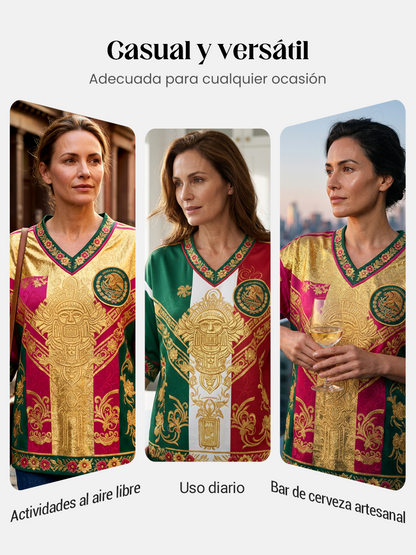 Camiseta estampada con diseño artístico de amor por el fútbol mexicano para mujer