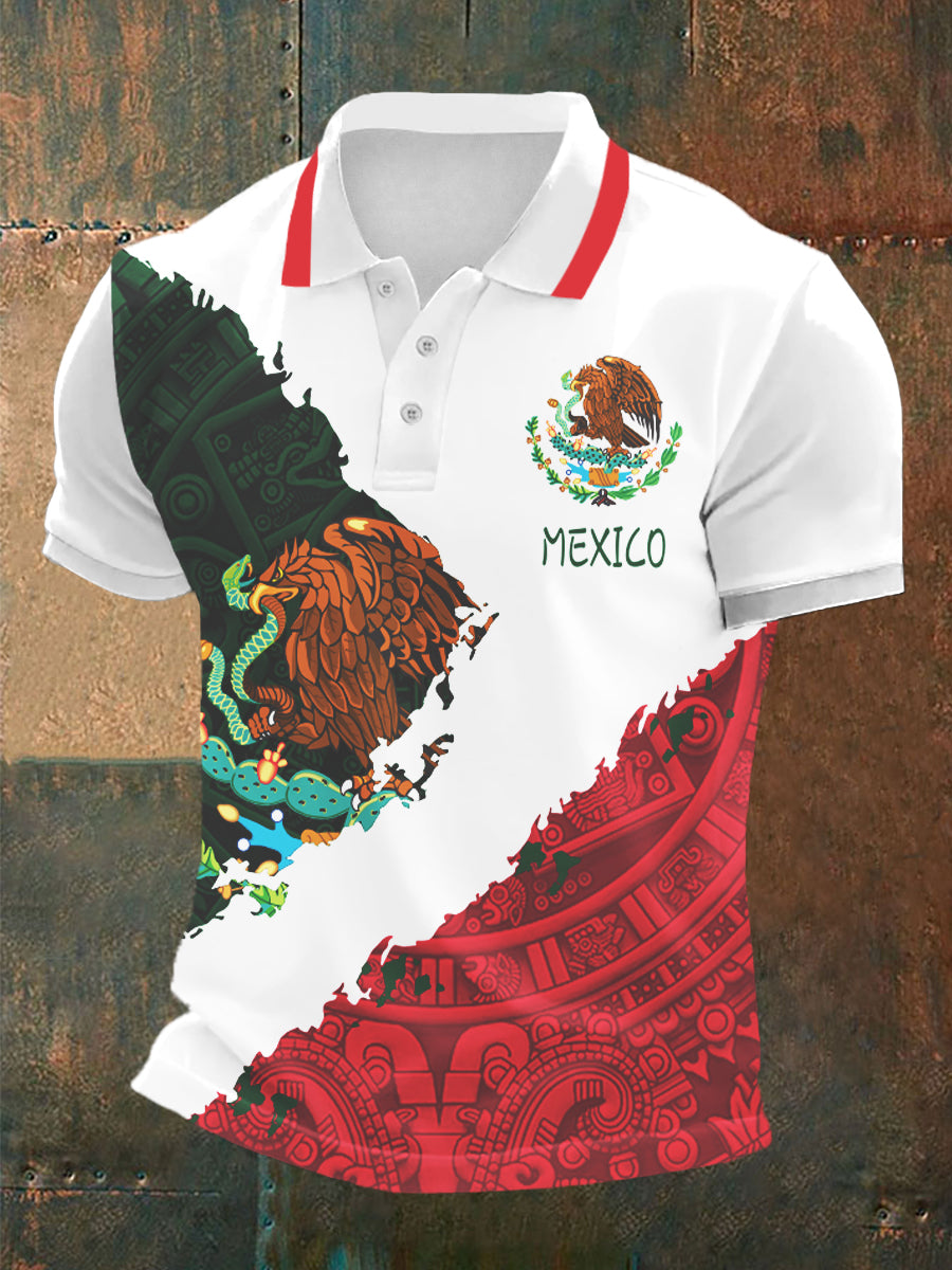 Camisa casual deportiva POLO de manga corta con diseño de cultura mexicana para hombre