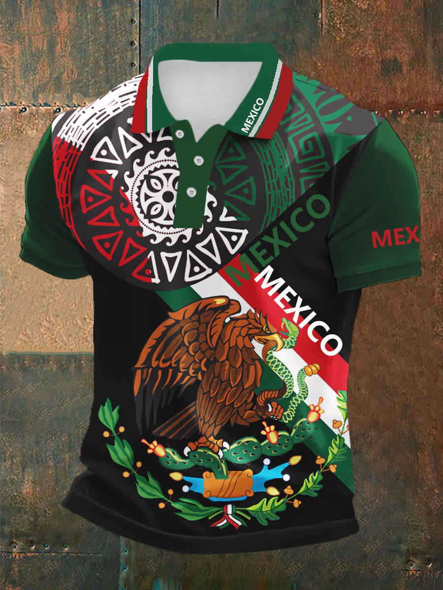 Camisa casual de deportes de polo de manga corta de diseño azteca de cultura mexicana para hombres