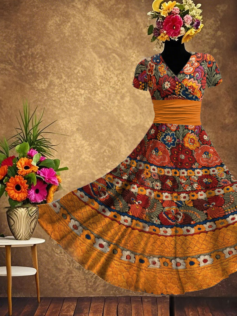 Women's Mexican Fiesta Cinco De Mayo Floral Art Printed Dress