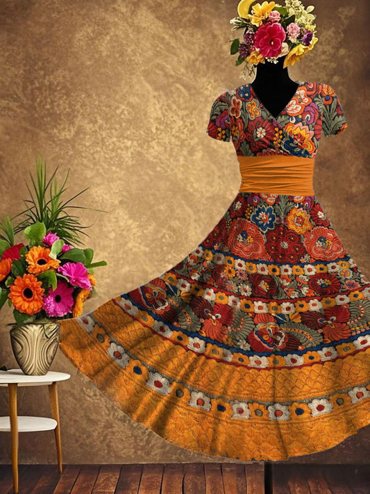 Women's Mexican Fiesta Cinco De Mayo Floral Art Printed Dress