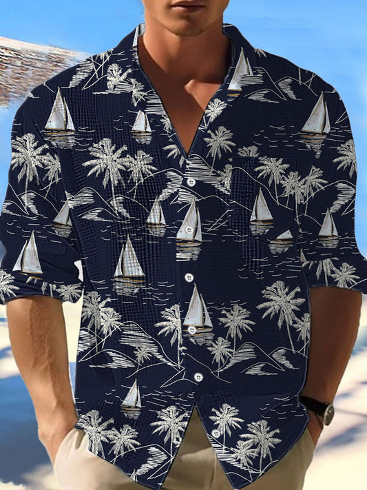 Camisa hawaiana de la manga larga de la galleta del árbol de coco de los hombres