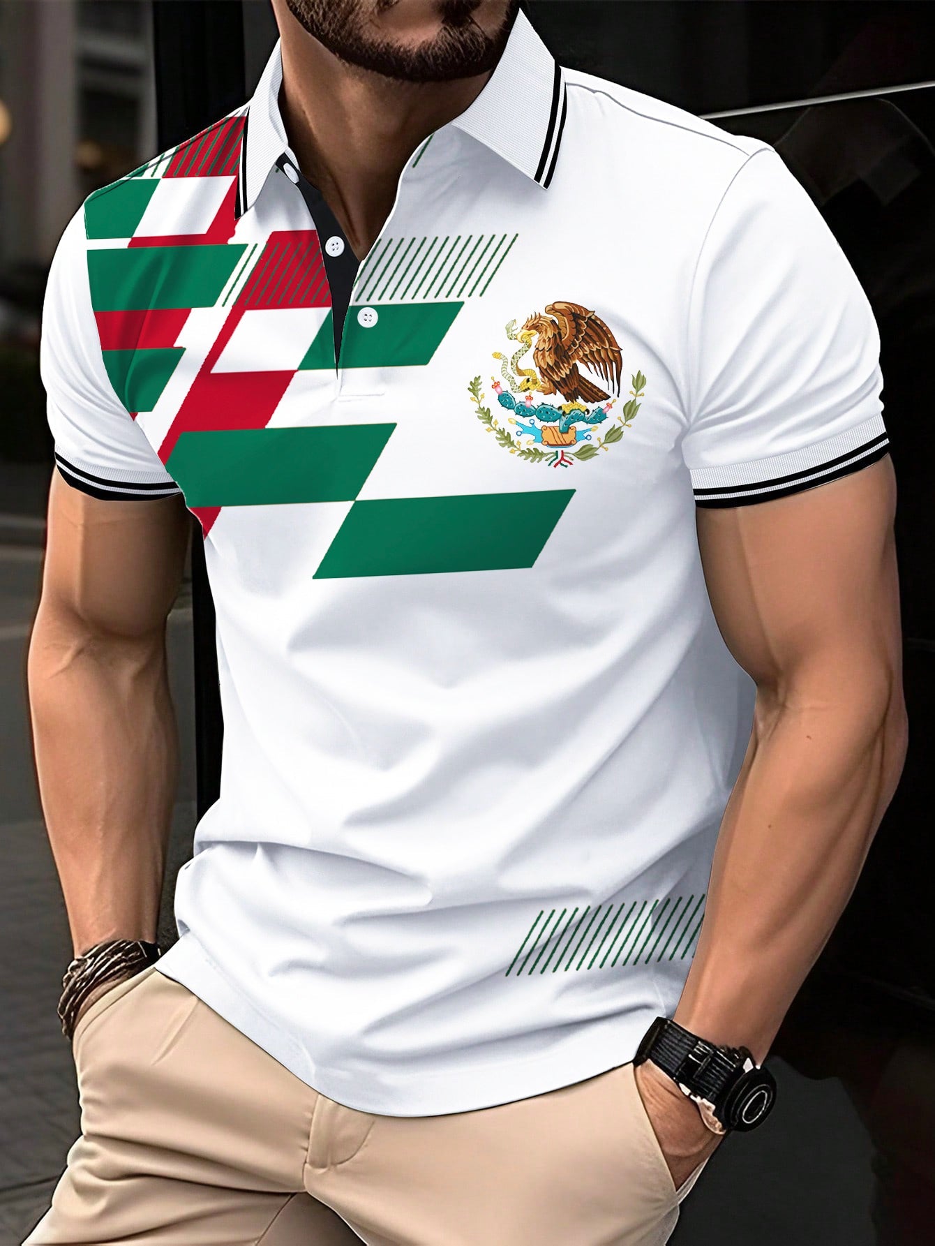 Polo Casual con Estampado de Bandera de México para Hombre
