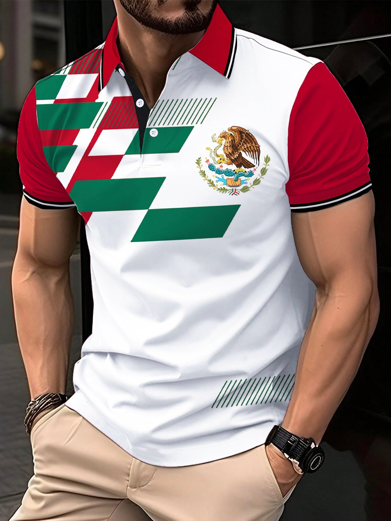 Polo Casual con Estampado de Bandera de México para Hombre