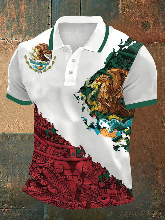 Camiseta manga corta Azct Mexico Print Polo Neck para hombre