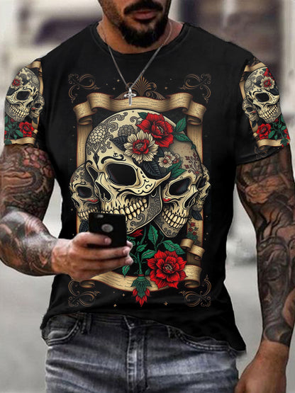 Camiseta casual de impresión retro del cráneo de la flor de los hombres