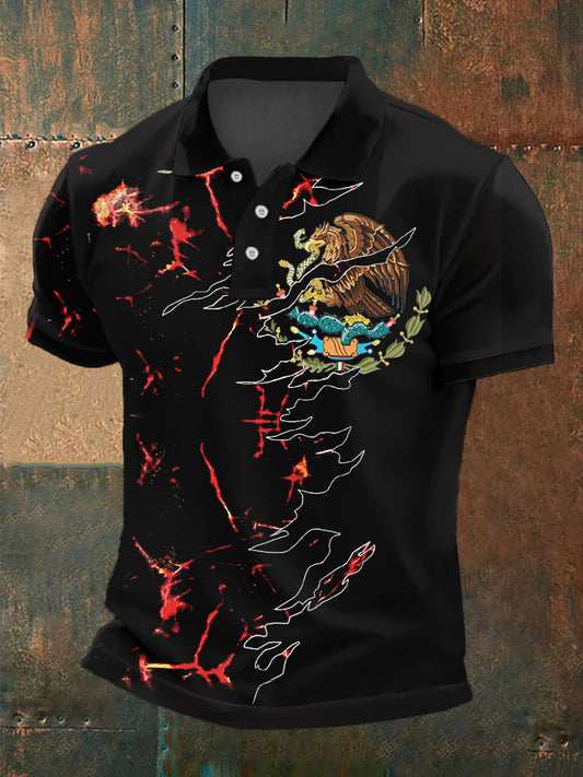 Polo casual con estampado de lava de la bandera de México para hombre