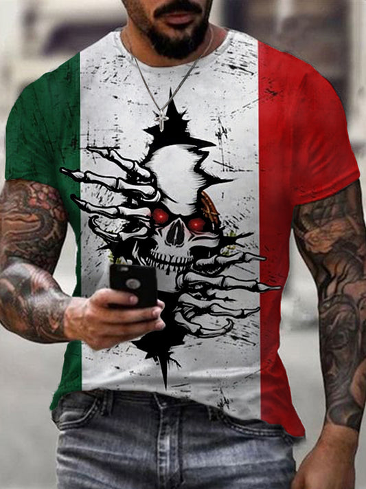 Camiseta casual con estampado de esqueleto de bandera de México para hombre