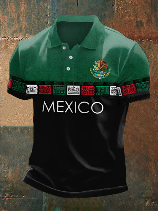 Polo casual con estampado de bandera de México vintage para hombre