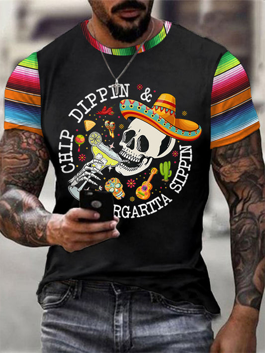 Funny Skeleton Cinco De Mayo Print Casual Tee Hombre