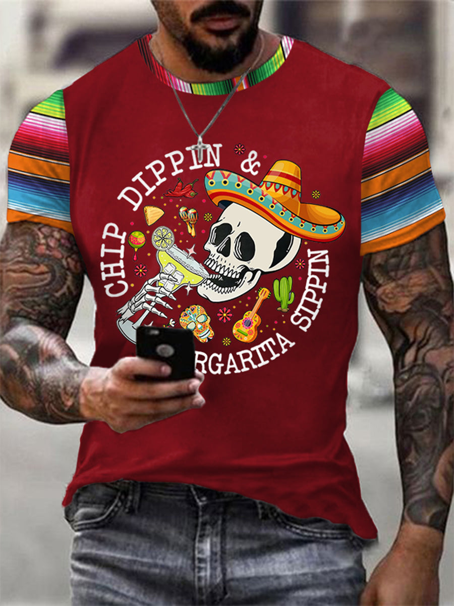 Funny Skeleton Cinco De Mayo Print Casual Tee Hombre