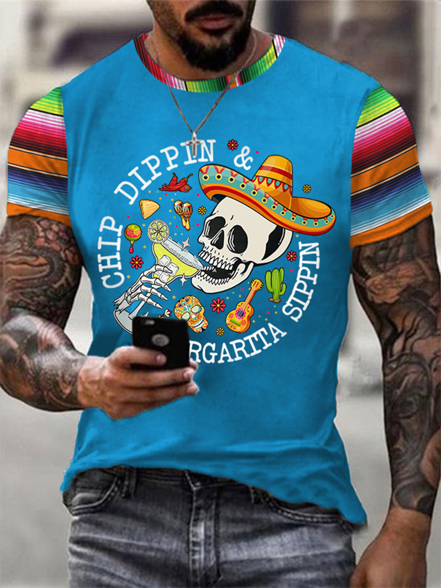 Funny Skeleton Cinco De Mayo Print Casual Tee Hombre