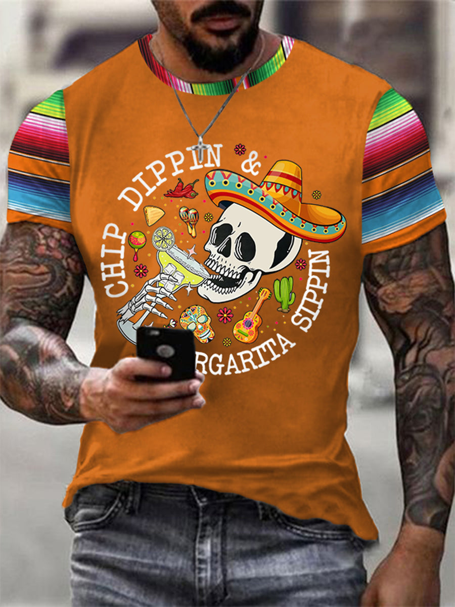 Funny Skeleton Cinco De Mayo Print Casual Tee Hombre