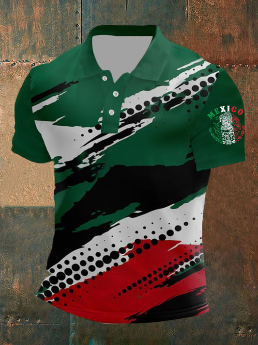 Polo casual estampado de bandera de México para hombre