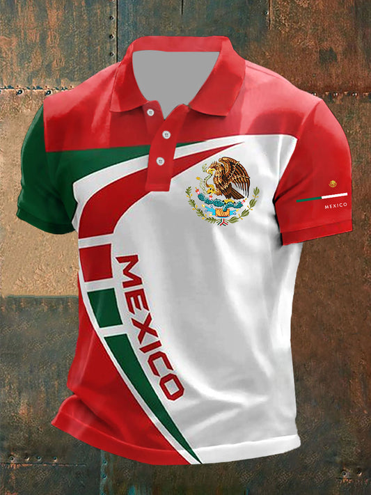 Polo casual estampado de bandera de México para hombre