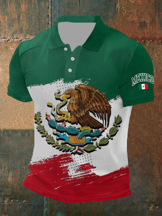 Polo casual estampado de bandera de México para hombre