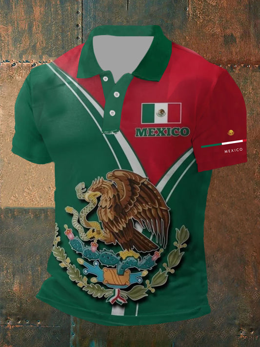 Polo casual estampado de bandera de México para hombre