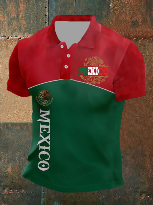 Polo casual estampado de bandera de México para hombre